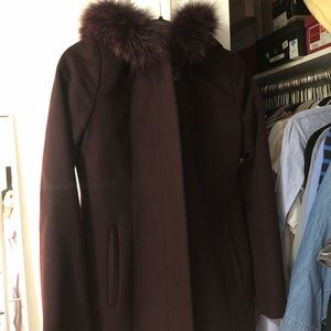 Burgundy wool coat with real fur trim hood